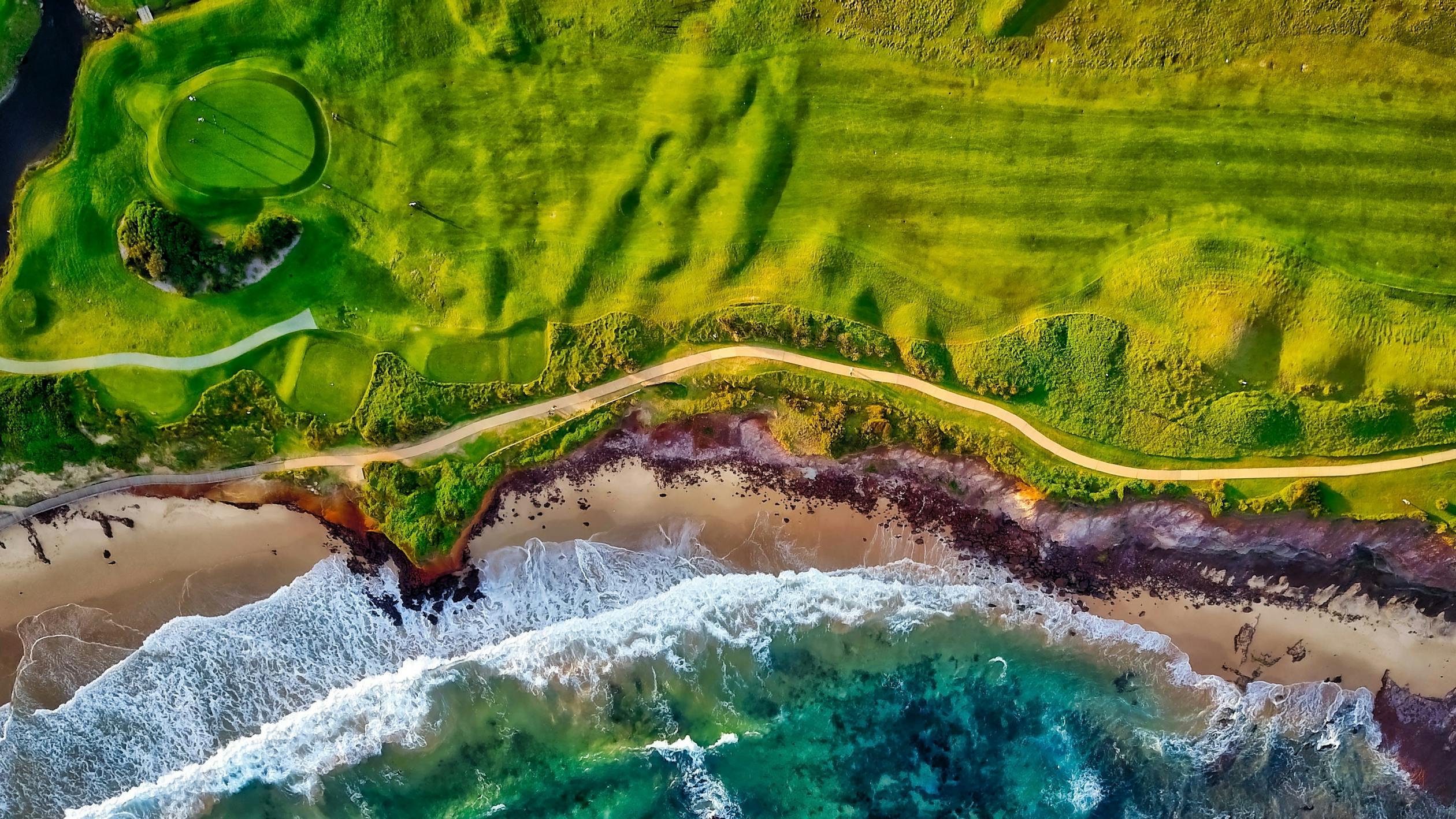 Aerial view of a coastal golf links course